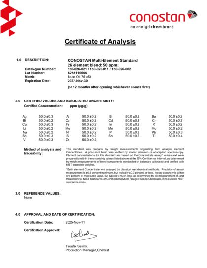 Primeira página: Certificado de análise, lote S251110055