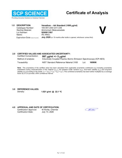 Primeira página: Certificado de análise, lote S260611057