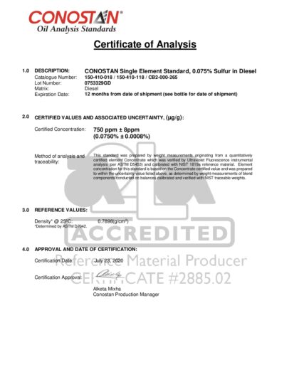 Primeira página: Certificado de análise, lote 0753329GD
