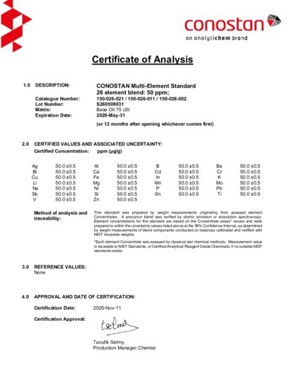 Primeira página: Certificado de análise, lote S260508031