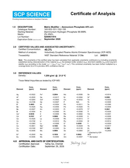 Primeira página: Certificado de análise, lote S260831014