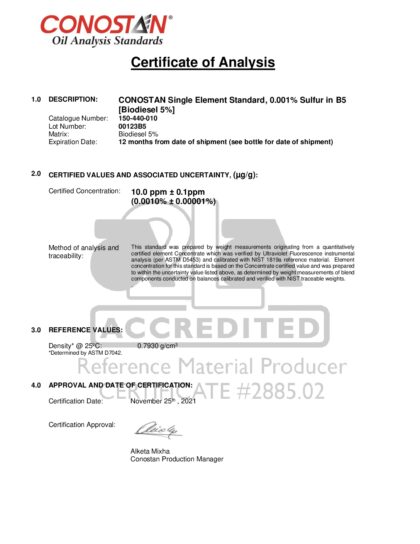 Primeira página: Certificado de análise, lote 00123B5