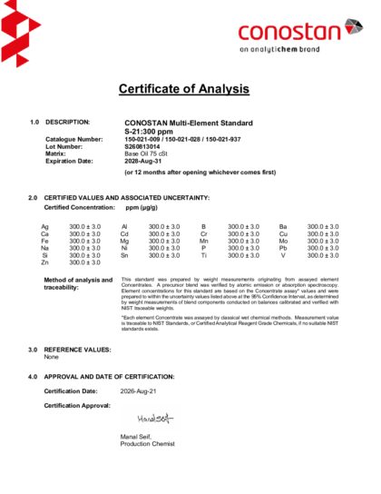 Primeira página: Certificado de análise, lote S260813014