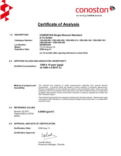 Primeira página: Certificado de análise, lote S260803029