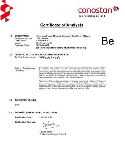 Primeira página: Certificado de análise, lote S260610046
