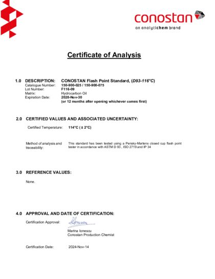 Primeira página: Certificado de análise, lote F116-09