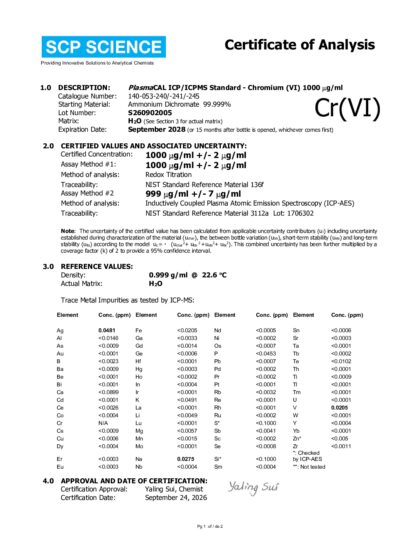Primeira página: Certificado de análise, lote S260902005