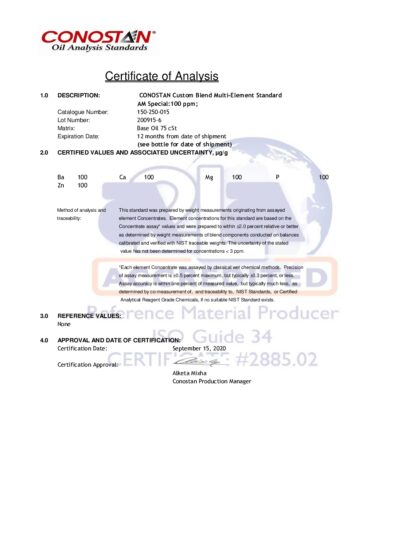 Primeira página: Certificado de análise, lote 200915-6