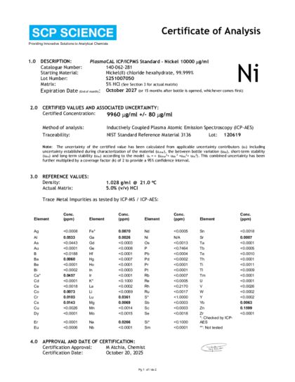 Primeira página: Certificado de análise, lote S251007050