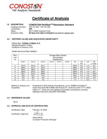 Primeira página: Certificado de análise, lote R36