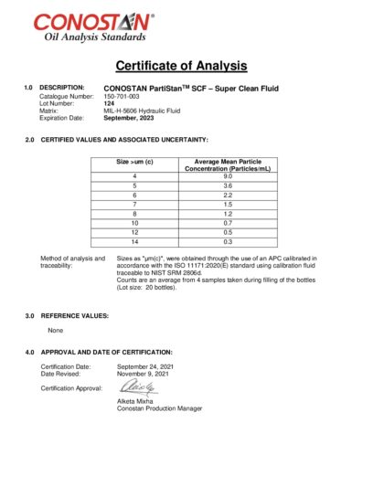 Primeira página: Certificado de análise, lote 124