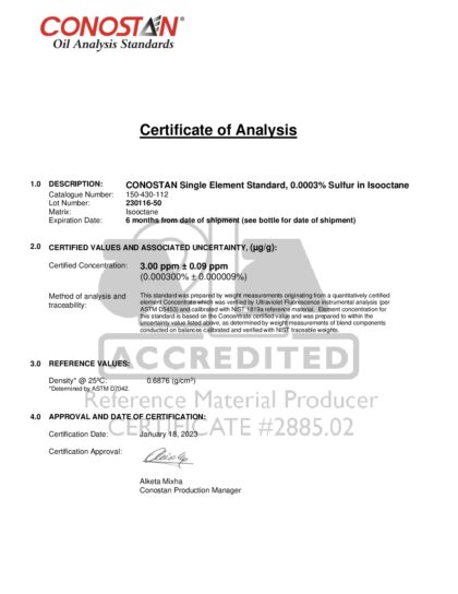 Primeira página: Certificado de análise, lote 230116-50