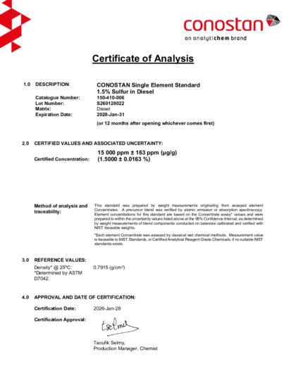 Primeira página: Certificado de análise, lote S260128022