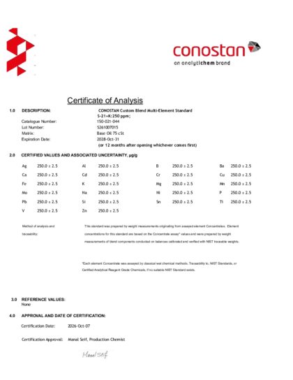 Primeira página: Certificado de análise, lote S261007015