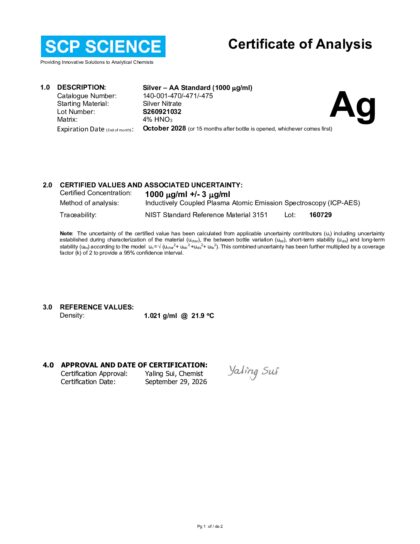 Primeira página: Certificado de análise, lote S260921032