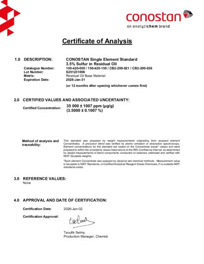 Primeira página: Certificado de análise, lote S251231006